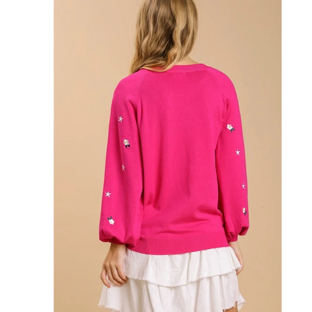 Umgee Hot Pink Embroidered Star & Flower Crewneck Sweater - Picture 3 of 7